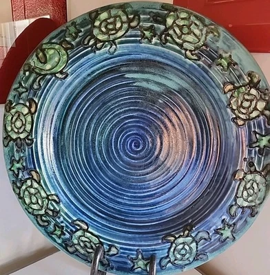 GORGEOUS SEA TURTLE handmade 15" Platter Juried Ann Arbor Art Fair Blue & Green - Image 1 of 4