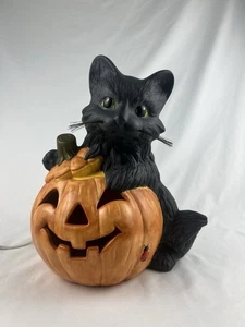 VTG Halloween Ceramic Black Cat On Jack O Lantern Light Up Lamp WORKS EUC - Picture 1 of 8