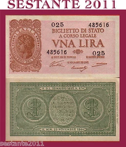 ITALIA, ITALY, 1 LIRA LUOGOTENENZA 23.11. 1944, P. 29a, FDS / UNC, VENTURA S G - Imagen 1 de 1