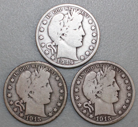 1914 D 1915 D & 1915 S Silver Barber Half Dollars 50c US Type Coins 3 Circulated Cover