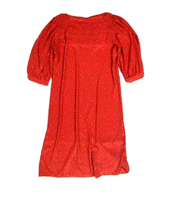 Vintage 70s Red Satin Dress Midi Knee Length Shift Silky Printed Retro Long - Picture 1 of 6