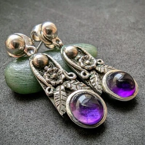 Vintage Designer Ohrringe 835 Silber lila Amethyst floral Blumen alt S - Bild 1 von 7
