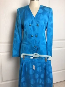 NOS Vintage Louis Feraud Blue Circle Pattern Skirt Suit Set W Logo Buttons 8 - Picture 1 of 9