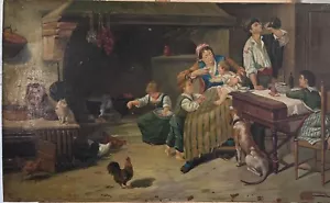 Large antique oil painting on wood interior scene Restoration Project - Picture 1 of 8