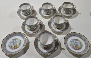 Royal Albert Silver Birch Bone China Set of SIX Tea Cups Saucers 2 Extra Saucers - Picture 1 of 11
