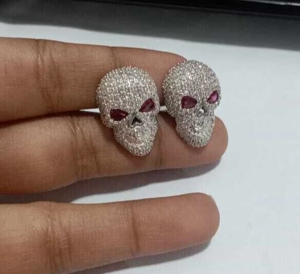 Men's Skull Face Cufflink Lab Created Ruby 2Carat 14k White Gold Plated Silver - Image 1 of 4