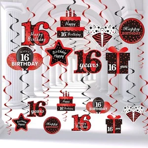 Red Black 16th Birthday Hanging Swirl Decorations for Boys Girls, Happy 16... - Picture 1 of 6