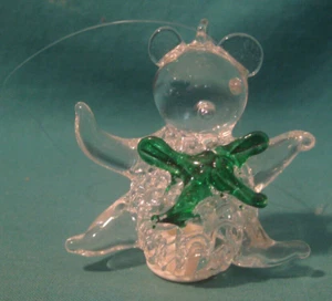 Silvestri Spun Glass Teddy Bear with Green Ribbon Christmas Ornament-No Box - Picture 1 of 3