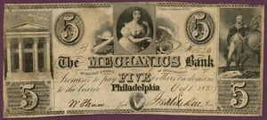 Billete de $5 de 1853 Mechanics Bank, Philadelphia, Pennsylvania No.1536 H305-405 (L0216) - Imagen 1 de 2