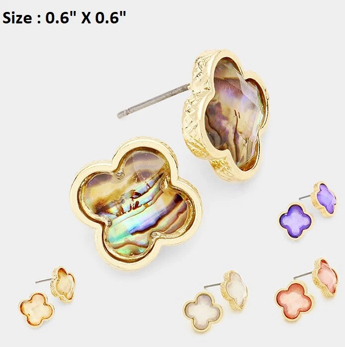 ST. PATRICKS DAY 4 Leaf Clover Flower Post Stud Earrings Abalone Shell Pearl  - Image 1 of 1