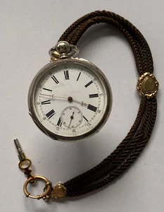 FS Taschenuhr mit Schlüsselaufzug und Echthaar Biedermeierkette - Werk läuft - Bild 1 von 10
