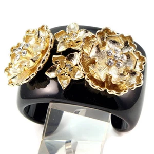 Dramatic Catwalk 2021 Black Gold Plt Chunky Floral Bangle w/ Swarovski Crystals - Picture 1 of 5