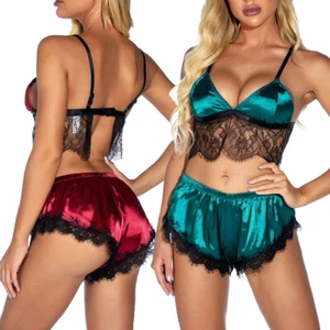 Women Sexy Pajama Sets Satin Lace Trim Lingerie Cami Shorts Set Nightwear Outfit - Picture 1 of 20