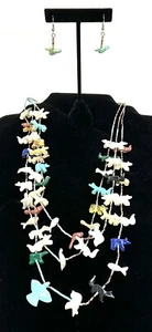 Collar de 3 hilos con aretes fetiche animales pájaros piedra tallada Zuni - Imagen 1 de 16