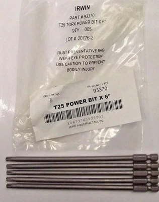 Irwin 93370 Torx Power Bit T25 1/4" Hex Drive, 6" OAL 5pcs. - Image 1 of 4