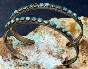 Due bracciali Navajo epoca primi '900 fatti a mano sterling occhio di serpente turchese - Foto 1 di 15