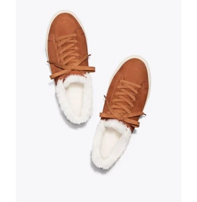 NIB Tory Burch Lawrence Shearling Low-Top Sneaker in Royal Tan Sz 7,7.5,9.5 $278 - Image 1 of 4