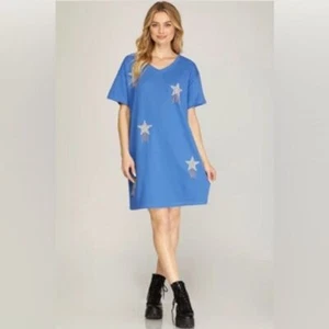 KURZARM STRICKKLEID STRASS NIETEN STERN FRANSEN V-AUSSCHNITT - Bild 1 von 9
