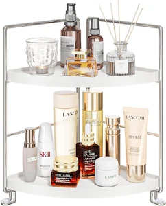 2-Tier Bathroom Corner Counter Organizer, Makeup Storage Shelf Vanity Tray, Bath - Picture 1 of 12