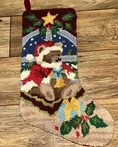 Vintage Christmas Stocking Hooked Wool Carpet Tapestry Bear Holly Velvet - Picture 1 of 6