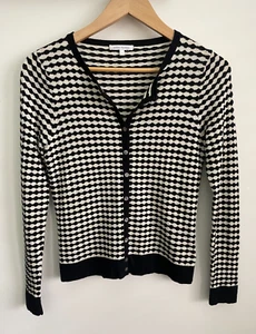 Anna Thomas Womens Silk Wool Cardigan - Size S - Black White DIamond Stripe Knit - Picture 1 of 7