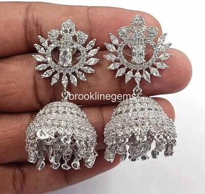 White Zircon Jhumk  Silver Plated Ethnic AD CZ long Dangle Earrings Indian NK - Imagem 1 de 4