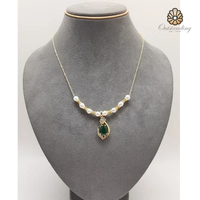 Подлинный 7 мм натуральный Akoya белый жемчуг ожерелье бисер 9 карат желтое золото изумруд - Изображение 1 из 4