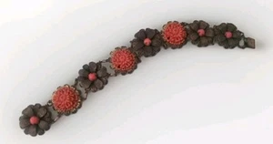 Vintage chinesisches Export Armband Kunstkoralle Blumen und verziertes filigranes Messing - Bild 1 von 14