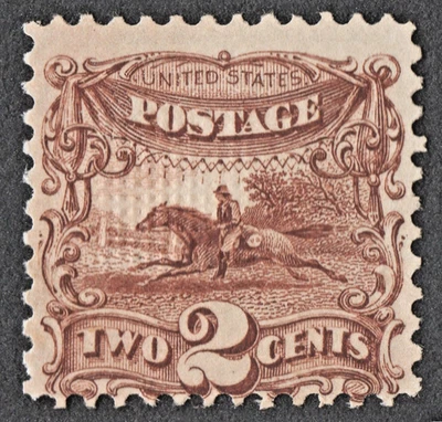 US Sc# 113 *MINT NO GUM { 2c BROWN HORSE & RIDER } BEAUTY 1869 PICTORIAL CV$ 190 - Image 1 of 3