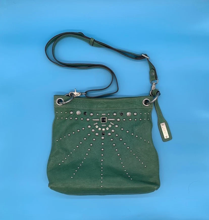 Bolso de Hombro Cartera Abro Verde Cuero Genuino Tachonado Italia Y2K Foto 1 de 4