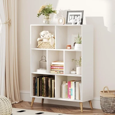 7 Cube White Wooden Bookcase Modern 3 Tier Storage Shelf with Legs 80x24x107cm - Image 1 of 4