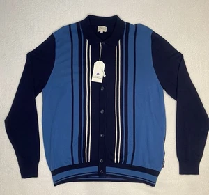 Ben Sherman Herren XL Mod Streifen Strick Knopfleiste Polo Cardigan Marine Marine Neu mit Etikett - Bild 1 von 10