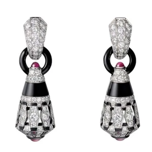 Spectacular Black Enamel Drop & Lab Diamonds Antique Earrings Party Jewelry - Picture 1 of 8