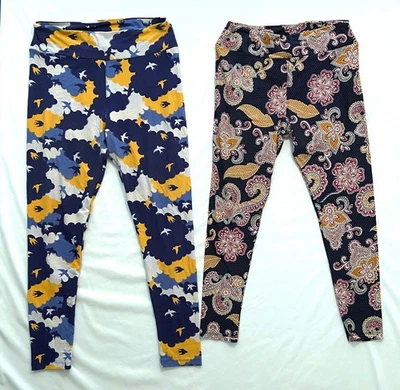 LuLaRoe 2 Pairs Women’s Tall & Curvy Stretch Leggings Birds Clouds Paisley Print - Image 1 of 4