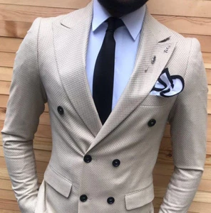 Designer Business à Carreaux Or Beige Costume pour Hommes A Cintré Slim 52 - Imagen 1 de 6