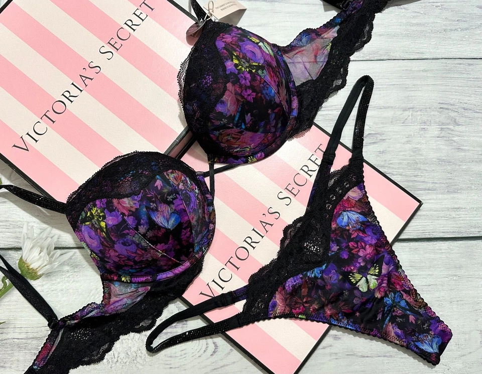 Victoria's Secret Brillo Correa Bombshell Push Up Sujetador Tanga Conjunto Moody Floral Foto 1 de 4