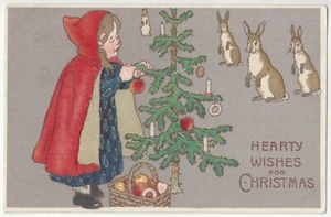 Postal de felicitación de Navidad de 1908, Caperucita Roja decora árbol, conejo - Imagen 1 de 2