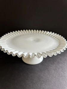 Vintage Fenton Silver Crest Cake Plate Stand Milk Glass Ruffle Crimped Pedestal - Picture 1 of 24
