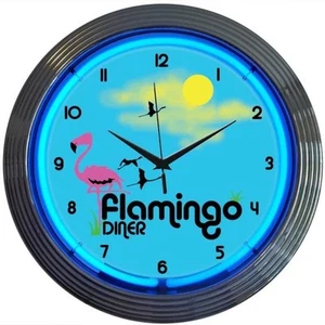 Flamingo Diner Neon Clock 15"x15" - Picture 1 of 1