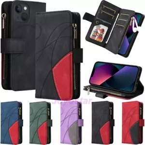 For iPhone 13 12 11 Pro Max X XR SE 8 7 6s Zipper Wallet Card Leather Case Cover - Picture 1 of 53