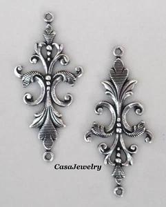 #1771 ANTIQUED STERLING SILVER PLATED ORNATE 2 RING CONNECTOR - 2 Pcs - Picture 1 of 2