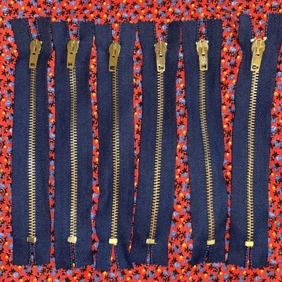 6 Lot Vintage #5 Ideal? Brass Navy Blue 7” Inch Long Trouser ZIPPER Cotton Tape - Image 1 of 4