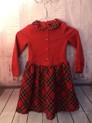 E-Land Kids America Niña 4 Vestido de Navidad a Cuadros con Cuello Peter Pan Foto 1 de 4