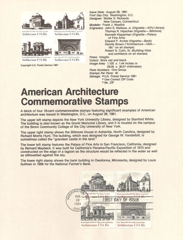 #8123 18c Architecture Stamps - Scott #1928-1931 USPS Souvenir Page - Image 1 of 1