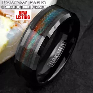 8mm Black Tungsten Carbide Green & Red Flowing Sand Wedding Band Ring - Picture 1 of 9