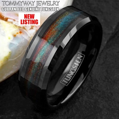 8mm Black Tungsten Carbide Green & Red Flowing Sand Wedding Band Ring - Image 1 of 4