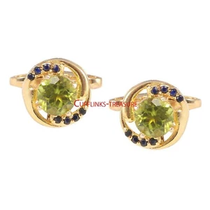 Natural Peridot & Sapphire Stones 925 Sterling Silver Gold Plated  Cufflinks #55 - Picture 1 of 3