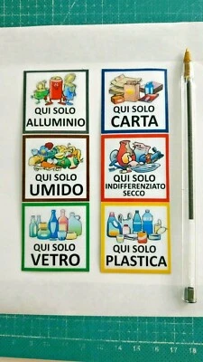 6 Adesivi Spazzatura Differenziata In plastica adesiva esterno Miniature 4X4 CM  - Immagine 1 di 4