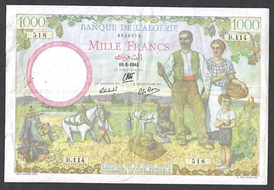 ALGERIA 1,000 FRANCS 16 MAY 1941 ~ P-86 ~ VICHY ISSUE ~ SUPER FRESH VERY FINE ++ - Image 1 of 3