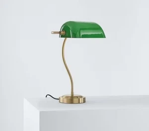 John Lewis Bankers Modern Decorative Glass Shade Desk Lamp - Green/Brass A - Picture 1 of 5
